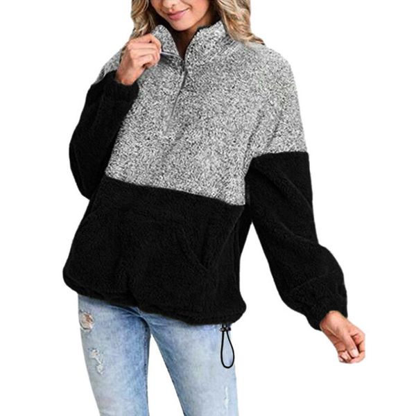 

2018 fashion women hoodies long sleeve zipper ladies sweatshirt patchwork turtleneck pullover outwear coat pockets, Black