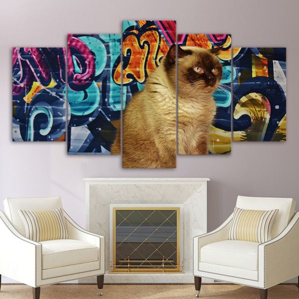 

wall art canvas abstract poster home decor frame 5 pieces graffiti shorthair brown cat painting modular hd print pictures