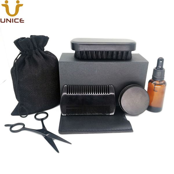 MOQ 100 PZ 7 in 1 Kit per la cura della barba nera Pettini per capelli Spazzola Balsamo per olio Forbici Personalizza la tua etichetta LOGO Borsa regalo in legno