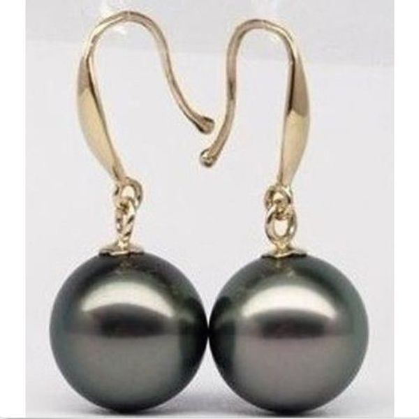 

10-11mm perfect round tahitian black pearl earring 14k solid gold marked, Golden