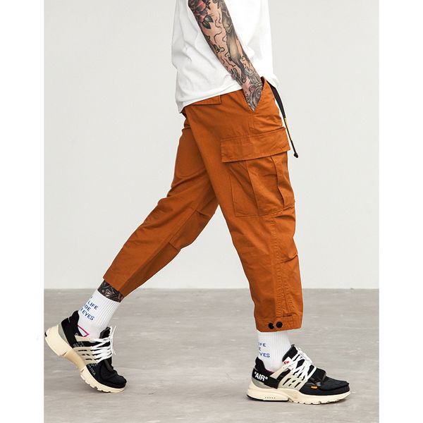

male jogger casual plus size cotton trousers multi pocket military style army green orange men's cargo pants, Black