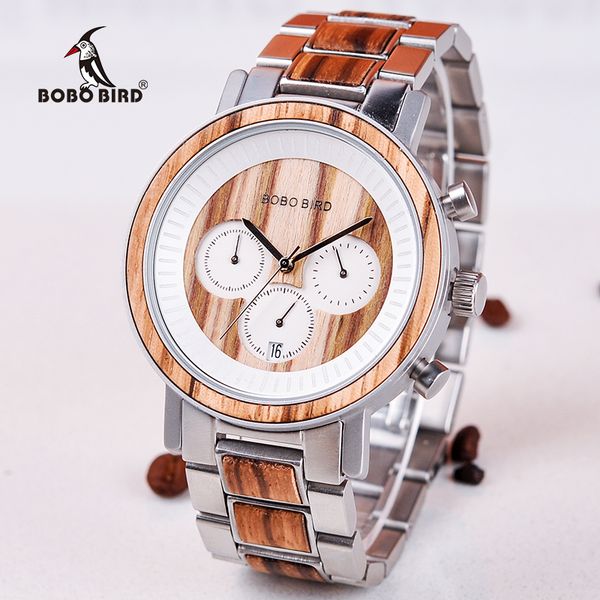 

bobo bird luxury stainless steel wood watches men chronograph date display quartz wristwatches relogio masculino c-r01-3, Slivery;brown