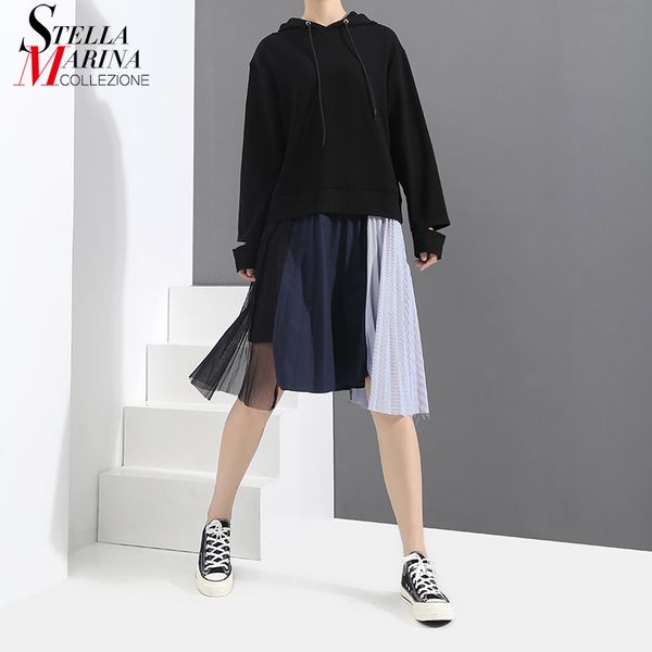 

women spring black causal hooded dress irregular pleated hem with mesh stitched female knee length streetwear dresses 3258, White;black