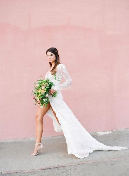 

deep v neck front split wedding dress long sleeve floor length sheath full lace elegant casual style bridal gowns custom size, White