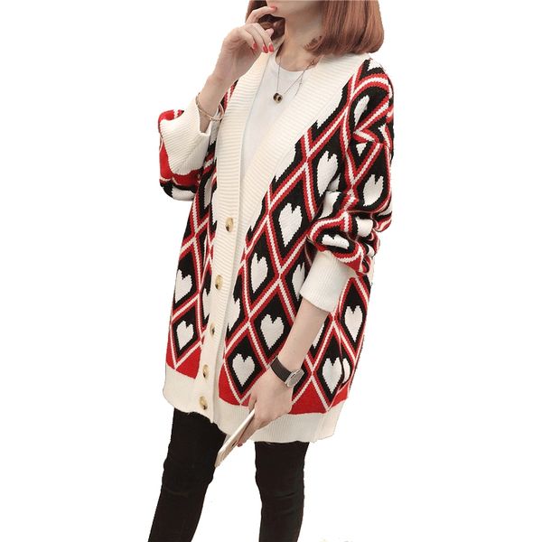 

вязаный в форме сердца вязаный кардиган с принтом для женщин 2018 осень свободно v-образным вырезом вязать джемпер свитер женский кардиган, White;black