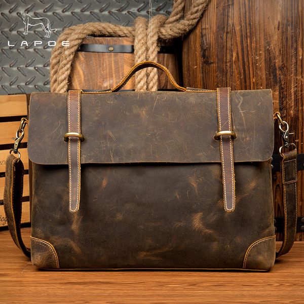 

lapoe men briefcases handbag leather lapbag messenger bags shoulder crossbody bags crazy horse genuine leather men bag