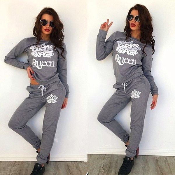 

O-Neck Women Winter Two Pieces Set Queen Crown Printed Tracksuits Long Sleeve Bodycon Jumpsuit Jogging Suit New