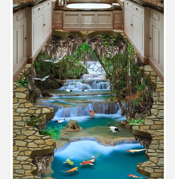 

modern custom 3d floor mural waterfall, flowing river, white crane, 3d outdoor floor tile floor painting non-slip waterproof self-adhesiv