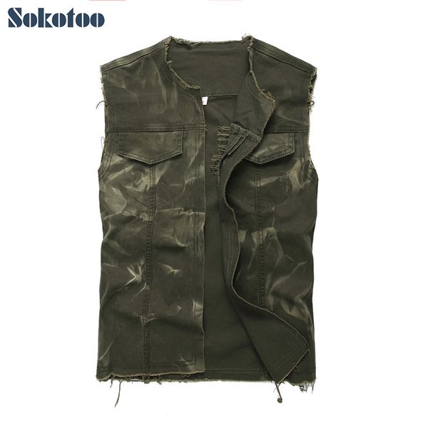 

sokotoo men's army green o-neck open stitch denim vest sleeveless holes ripped washed fringe tank waistcoat outerwear, Black;white