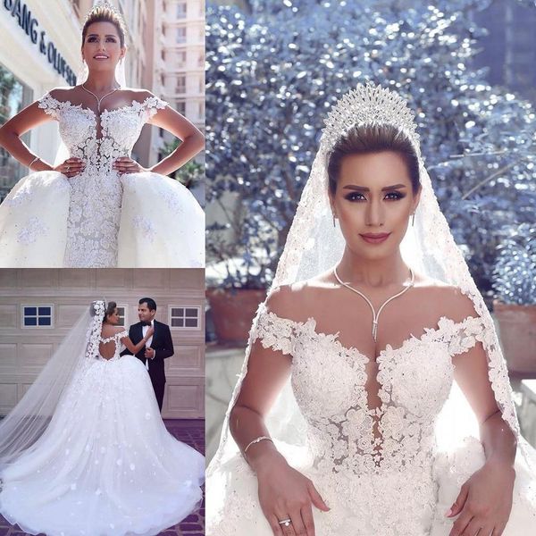 

Off-the-Shoulder Gorgeous Said Mhamad Wedding Dresses Lace Applique Backless Sexy Bridal Dresses New Arrival Stylish Tulle Long Wedding Gown