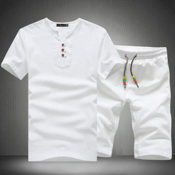 

Solid Summer Men's Linen Suits Set ( Tshirt + Shorts ) Chinese Vintage Style Russian Men Casual Comfortable Home Clothes Shorts 5XL