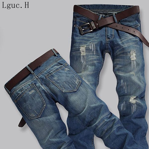 

lguc.h new men ripped jeans 2018 fashion casual straight biker jeans europe and america retro denim trousers men plus size 42, Blue