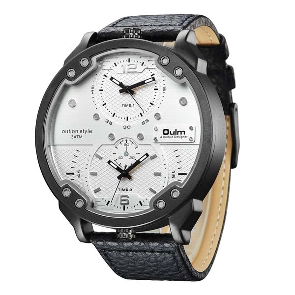 

oulm unique design big watch male pu leather quartz clock men's casual sports watches double time zone men luxury wristwatch, Slivery;brown