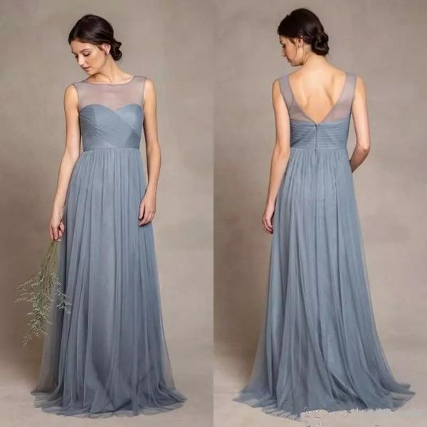 

gray tulle sheeer bridesmaid dresses 2019 new custom sweep train scoop nekcline pleats a-line backless wedding guest evening party gowns b66, Blue;red