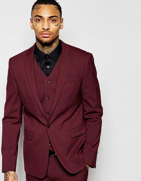 Moda Um Botão Borgonha Noivo Smoking Padrinhos Pico Lapela Melhor Homem Blazer Ternos De Casamento Dos Homens (Jacket + Pants + Vest + Tie) H: 762