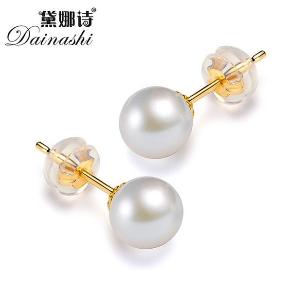

dainashi 18k pearl earrings studs earring freshwater pearl pure 18k yellow gold earrings white brand jewelry for women gift, Golden;silver
