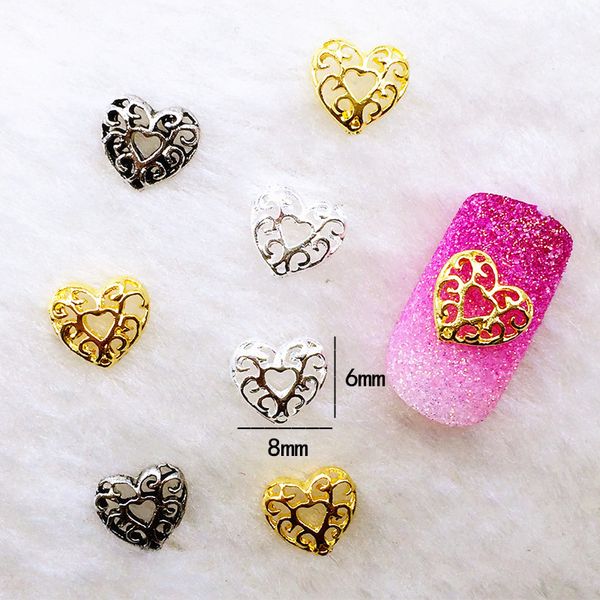 

10pcs/lot 6*8mm retro gold silver hollow heart 3d diy design metal alloy nail art decorations nail stickers jewelry accessories, Silver;gold