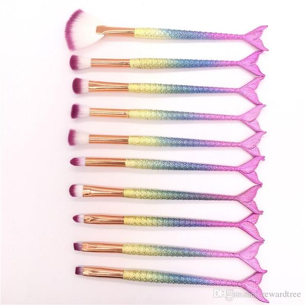 Sereia Maquiagem escovas 10 pçs / set beleza cosméticos conjunto colorido gradiente 3d linha escova de olho sets 10