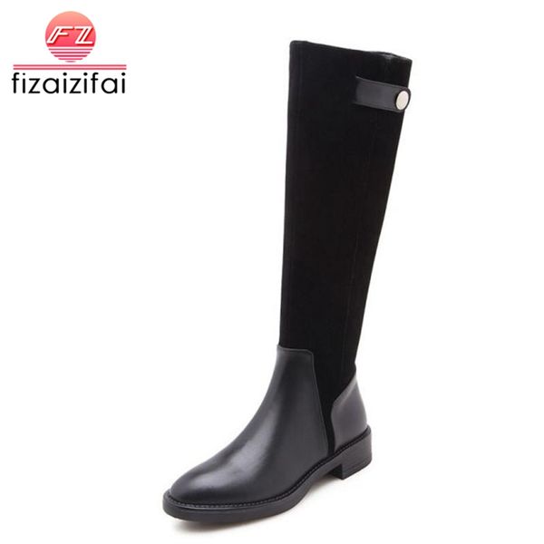 

fizaizifai women real leather knee boots patch block zipper warm boots winter fashion classic shoes women footwear size 34-39, Black