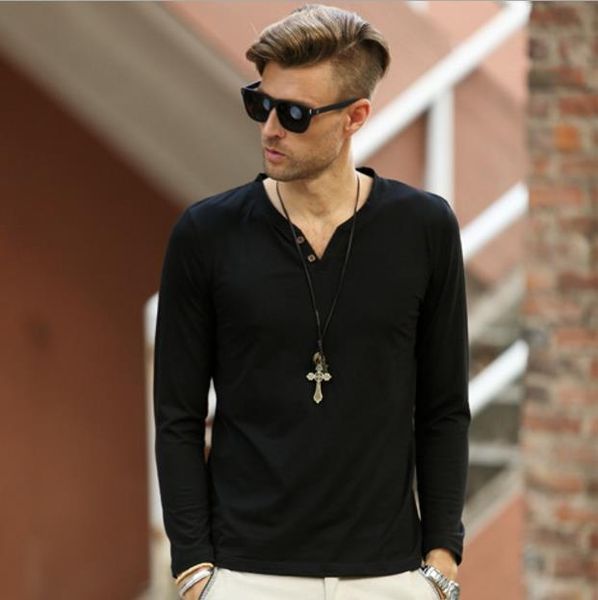 

mens v neck long sleeves tshirt black white gray basic joker tee man fashion casual clothes ing, White;black