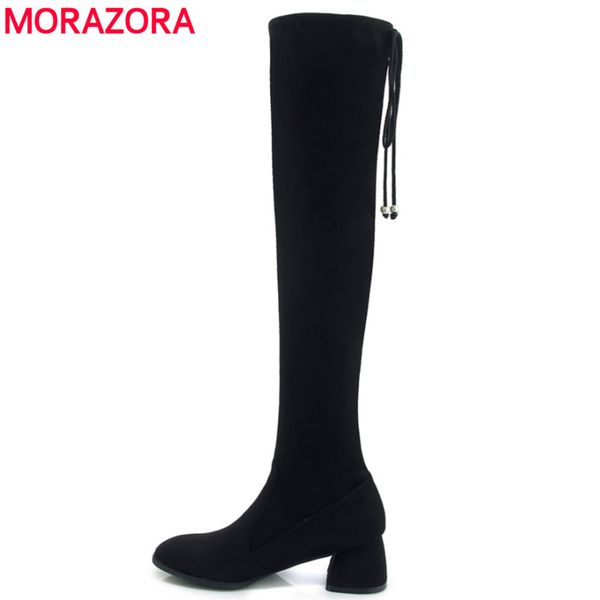 

morazora 2018 new flock women boots lace up square high heel winter thigh boots ladies over the knee, Black