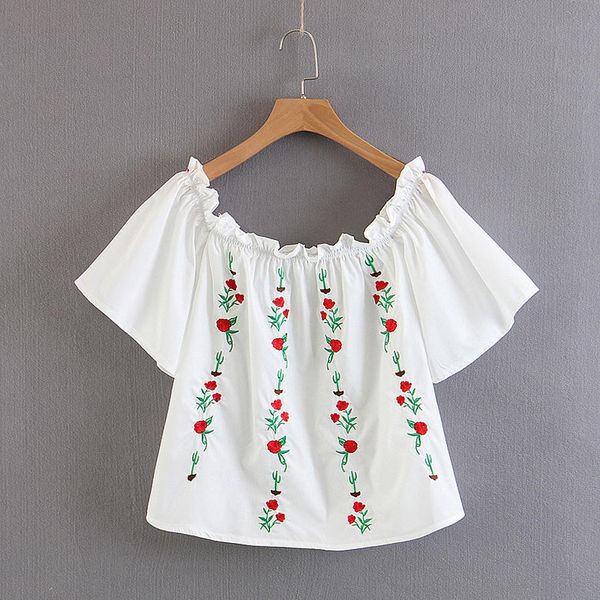 

new arrival euro style women clothes off shoulder flower embroidery women blouse boutique lady ship, White