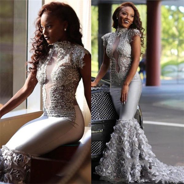 

south africa prom dresses high neck cap sleeves 2018 mermaid evening dress long rose train plunging sheer beads sequins cocktail dresses, Black