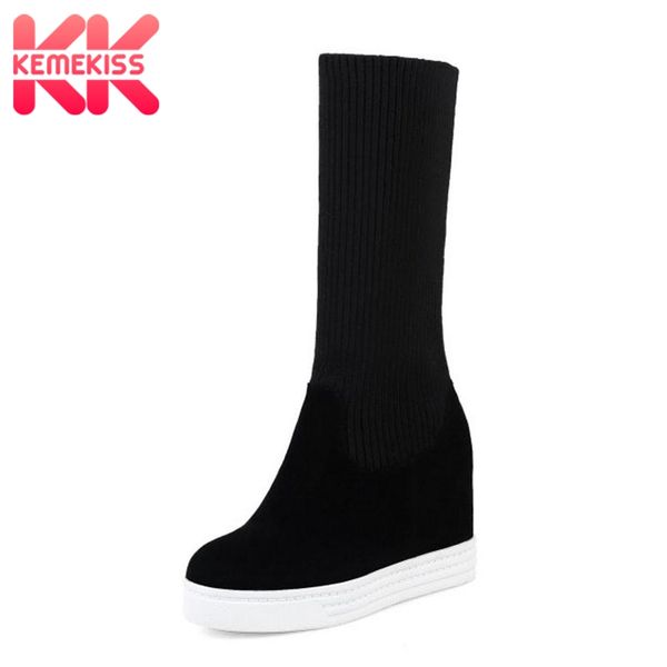 

kemekiss size 34-44 women half short boots platform inside heels round toe shoes woman winter woman's shoes fashion footwear, Black