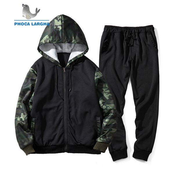 

2018 casual tracksuit men's set winter two piece sets men joggers camouflage zipper coat hooded sweatshirt jacket+pant suit male, Gray
