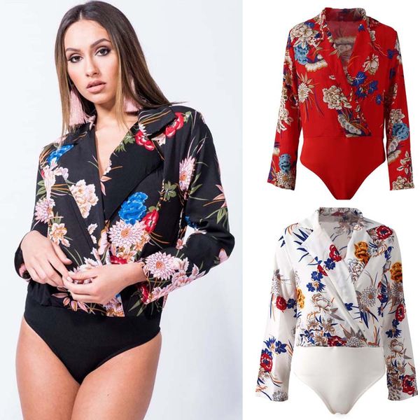 

10PCS Women Vintage Floral Leotard Shirt Bodysuit Long Sleeve Playsuit Deep V neck Retro Elastic Waist Blouse Sexy Casual Tops Blusas