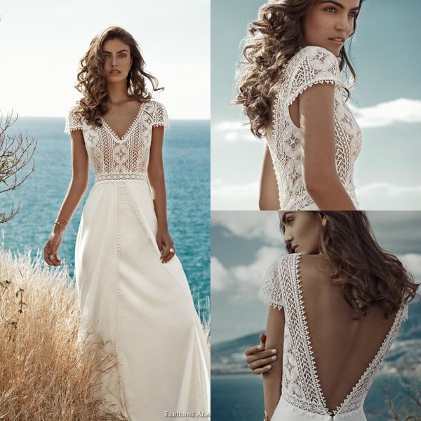 

fabienne alagama 2019 wedding dresses v neck lace backless satin sweep train bridal gowns beach plus size robe de mariÃ©e, White