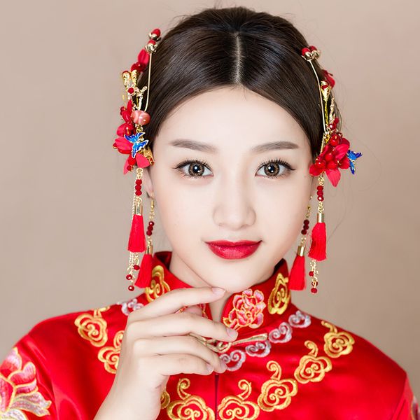 

handmade red tassel hedapiece hair ornaments with hook earrings wedding jewelry sets women costume headdress bridal hairwear new, Slivery;golden