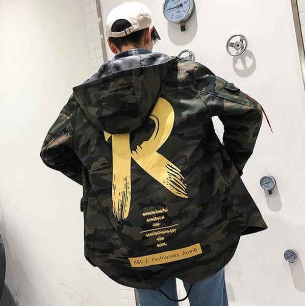 

new r graffiti print men hooded trench coats street hip hop long loose dovetail outwear camouflage windbreaker outerwear, Black;brown