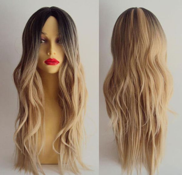 

women long curly wavy hair full wig cosplay black root ombre blonde costume
