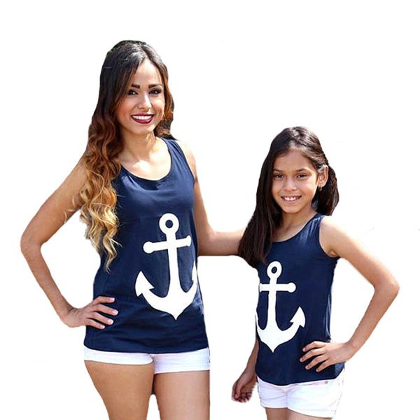 Madre Figlia Vestiti coordinati Summer Marine Sailor Cos Anchor Mom Girl T-shirt senza maniche Moda Bowknot Abiti coordinati per la famiglia 2 colori