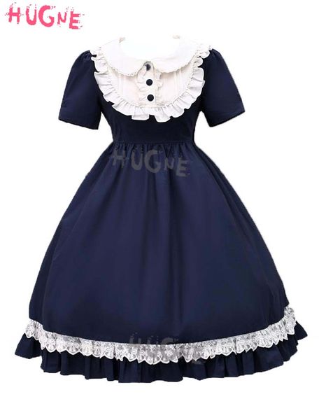 

navy blue lolita one piece dresses asibuto penta short sleeves turndown collar lace trim op, Black;red