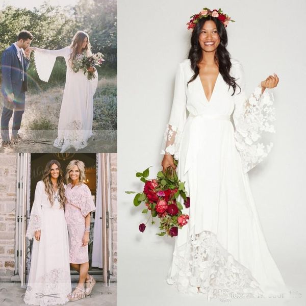 

2019 Boho Beach Wedding Dresses Bohemian Long Bell Sleeve Lace Flower Bridal Gowns Sexy Modern Portrait Plus Size Hippie Wedding Dress