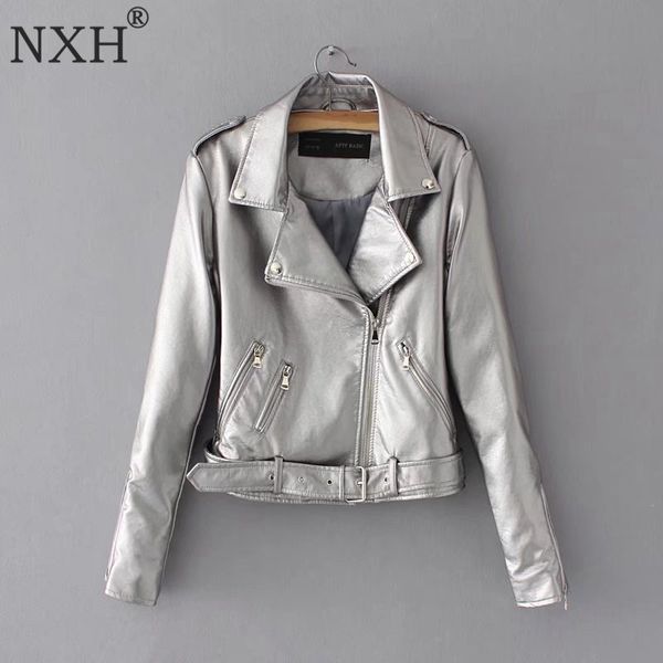 

nxh 2018 new fashion shiny fabric outwear womens pu leather jacket ladies slim short faux soft slim silver golden club, Black