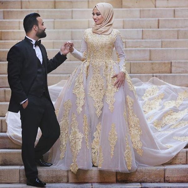 

fashion muslim mermaid wedding dresses with overskirt beads golden lace appliques long sleeves wedding gown luxury saudi arabia wedding dres, White