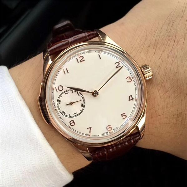 

44mm men's watches wristwatches stainless steel case leather strap white dial waterproof mechanical hand winding movement fashion watch, Slivery;brown