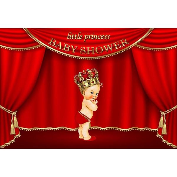 Maßgeschneiderte kleine Prinzessin-Babyparty-Hintergrund, bedruckter roter Vorhang, goldene Krone, Mädchen-Geburtstagsparty, Fotokabinen-Hintergrund