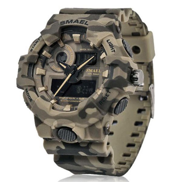 New Camouflage Watch Smael Watch Men Sports Liderou o relógio de quartzo Men Sport Wristwatch 8001 Mens Exército à prova d'água