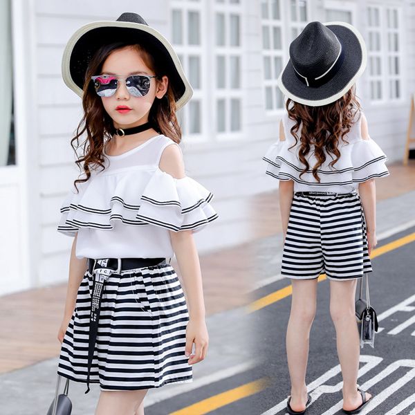 Conjuntos de Roupas de bebê Meninas Outifits Mais Novo Verão Crianças Meninas Algodão Fora Do Ombro T-shirt + Stripe Preto Calças Curtas 2 Pcs Conjuntos Para Crianças roupas