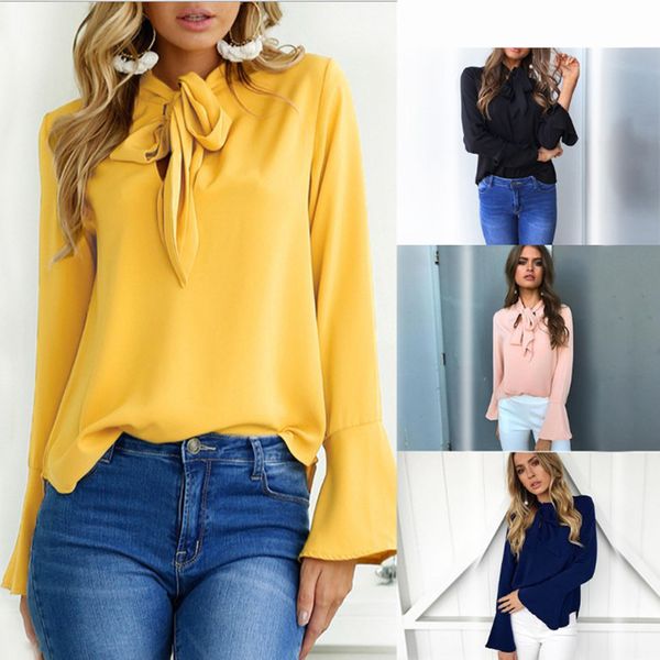 

fashion women blouses ladies bow office chiffon blouse v-neck flare long sleeve shirt female casual spring blusas mujer, White
