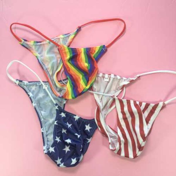 

new mens thongs underwear g2084 japanese style small pouch limit coverage printed stripes stars, Black;brown