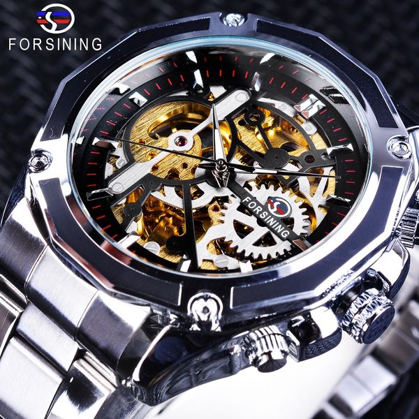 

forsining 2018 sport clock golden gear movement luminous skeleton men's automatic wrist watches silver strap, Slivery;brown