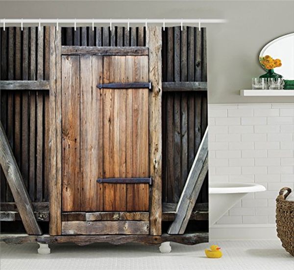 Memory Home Rustic Country Barn Wood Door Old Wooden Garage Door Antique Theme Polyester Fabric Waterproof Shower Curtain