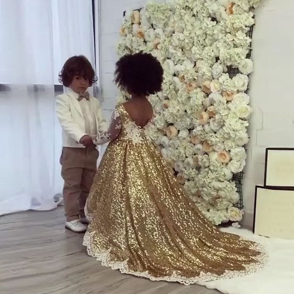 

gold sequins flower girls dresses for weddings sheer neck long sleeves appliques girls pageant dresses birthday party dresses sweep train, White;blue