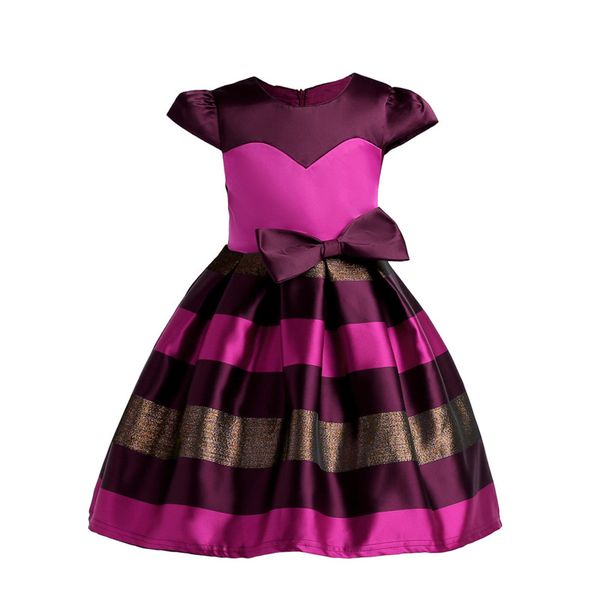 

fashion girl strip dress short sleeve european style bowtie princess dress for 3-10years girls kids children party dinner performance dress, Red;yellow