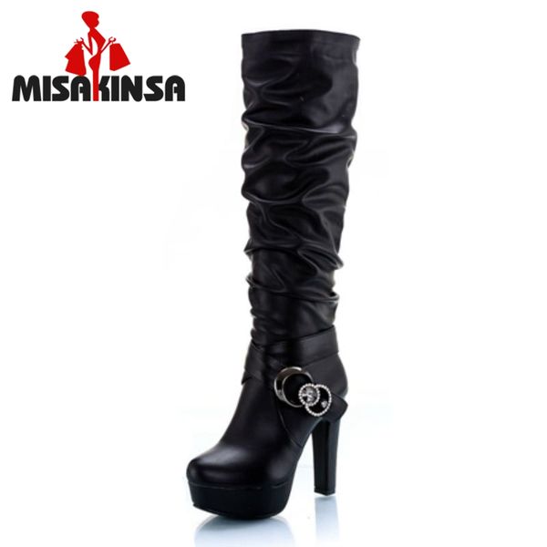 

misakinsa size 33-44 women high heel boots metal buckel round toe platform female long boots elegant mature knee, Black